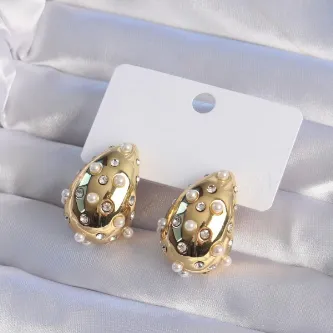 BUTİK AYVİTRİN 316L Çelik Gold Renk Zirkon Taşlı İncili Su Damlası Küpe görsel 1