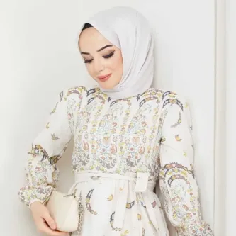 BAV Butik Ayvitrin Kadın Otantik Muz Desen Keten Linen Tesettür Elbise görsel 1