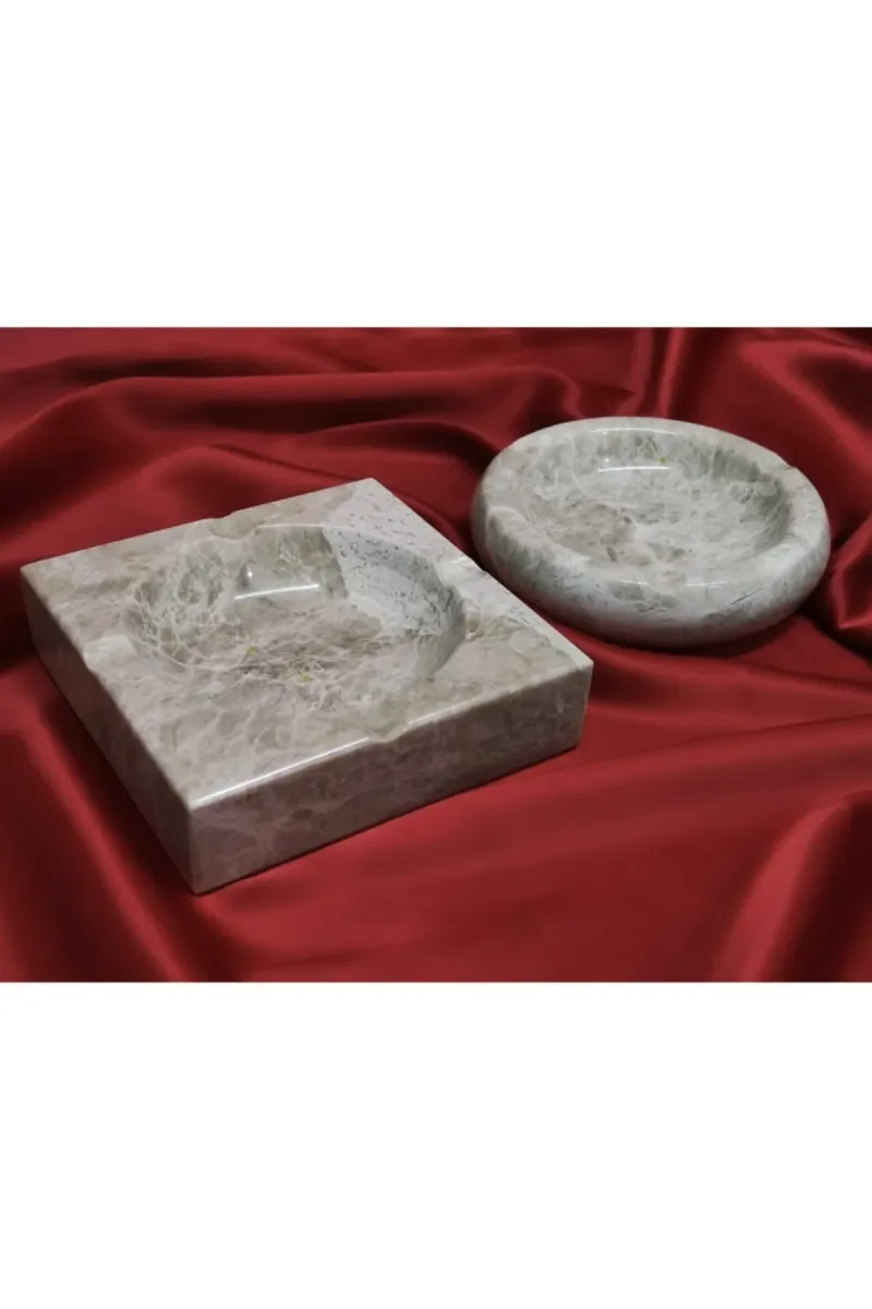Pergamon 2'li Set Bej Mermer Kare Ve Yuvarlak Küllük Kül Tablası görsel 2