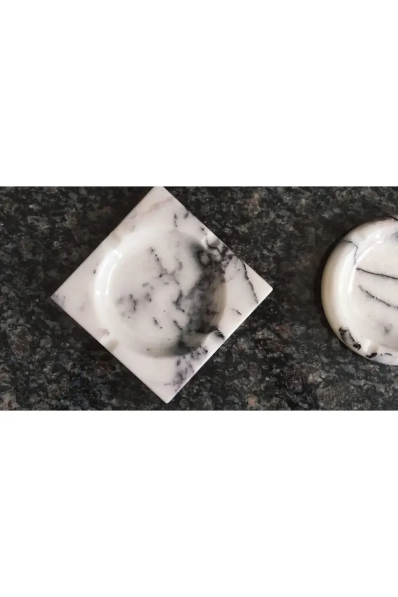 Pergamon 2'li Set Kare Ve Yuvarlak Küllük Kül Tablası Gerçek Mermer görsel 3