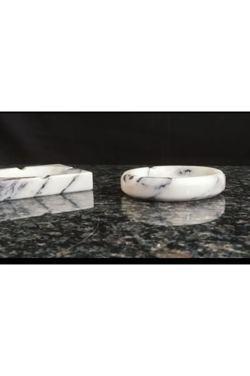 Pergamon 2'li Set Kare Ve Yuvarlak Küllük Kül Tablası Gerçek Mermer görsel 4