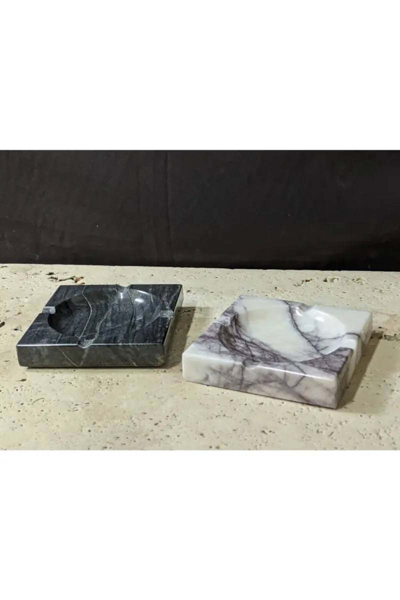 Pergamon Koyu Gri Ve Leylak Beyaz Kül Tablası 2'li Set Gerçek Mermer görsel 2