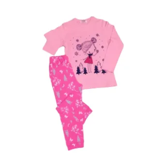VİTRİN24 Newteam Kız Desenli Pamuklu Uzun Kollu Pijama Takımı, Pembe görsel 1