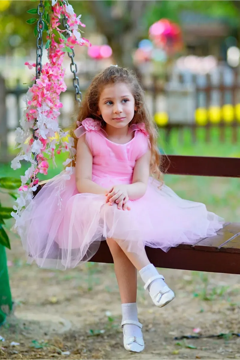 Melek Golden KIZ ÇOCUK ABİYE KIZ ÇOCUK ELBİSE KIZ ÇOCUK DÜĞÜN ELBİSE omuz çiçekli görsel 4