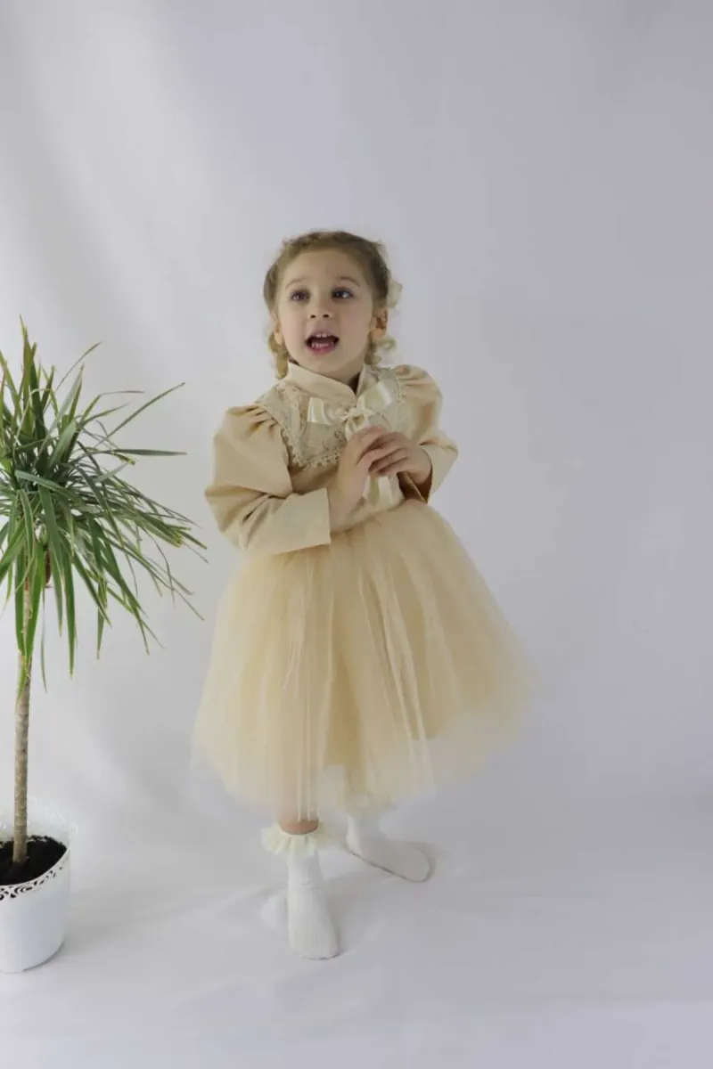 Melek Golden Kız Çocuk Elbise Lolita Elbise Prenses Elbise Uzun Kollu Yay Düğün Balo Elbise görsel 3