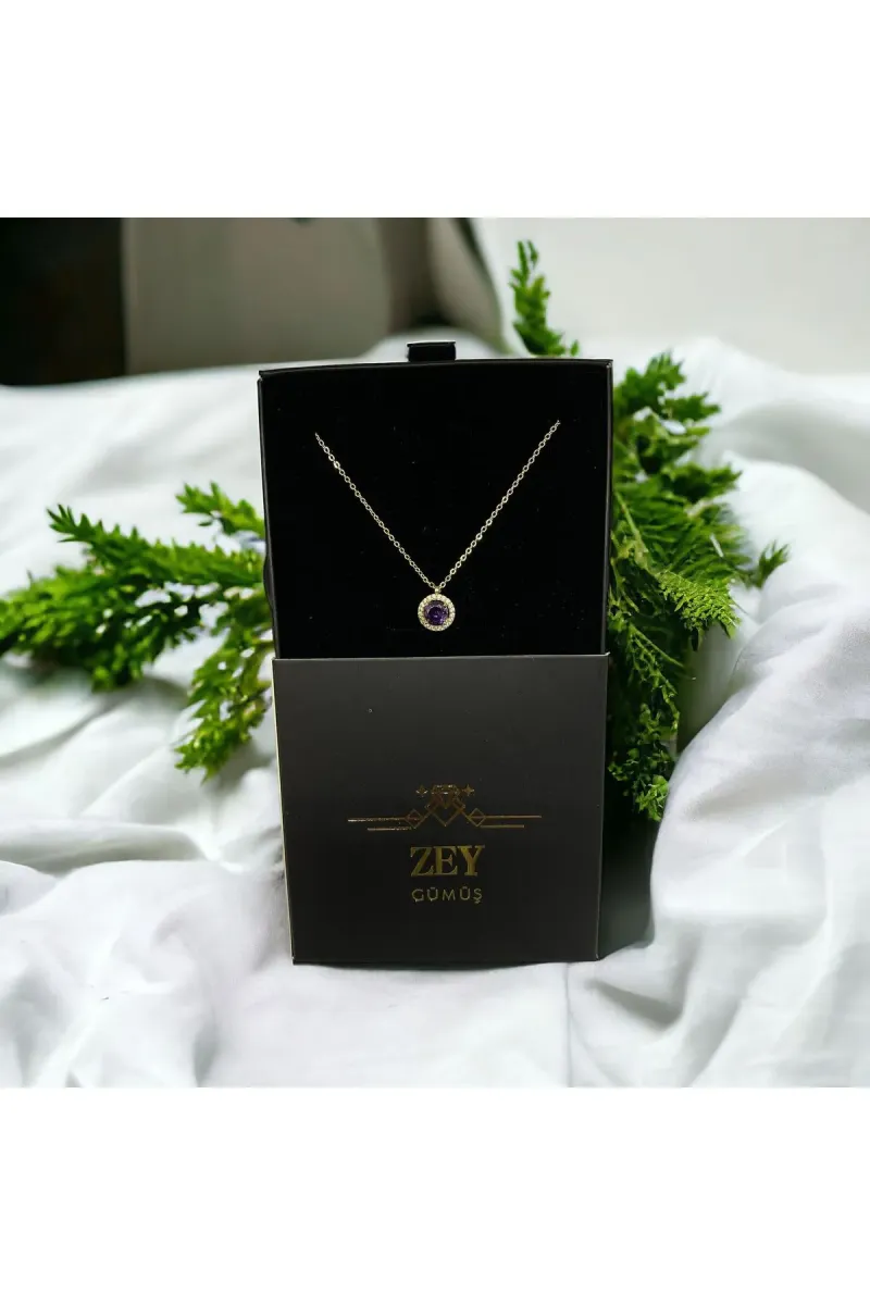 ZEY GÜMÜŞ Altın Renk Mor Taş Yuvarlak Model Zirkon Kolye (ÇEKMECELİ KOLYE KUTUSUNDA) görsel 3