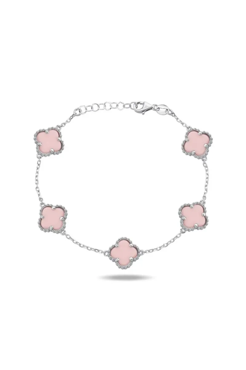 ZEY GÜMÜŞ UNISEX ÇOKLU YONCA  PEMBE SERAMİK TAŞLI 925 AYAR BİLEKLİK görsel 2