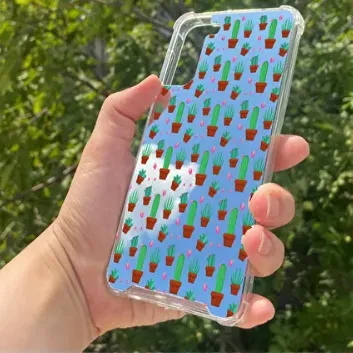 Exporanto Samsung S21 Plus Uyumlu Aynalı Kaktüs Desenli Darbe Kamera Korumalı Silikon Telefon Kılıfı