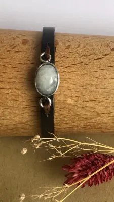 Opal Silver El yapımı 925 Ayar Gümüş Ay Taşlı Raylı Sistemli Unisex Deri Bileklik