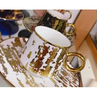 DMSHOME Acar Aurora Lüx Porselen Beyaz Gold Detaylı Aurora Fincan Takımı