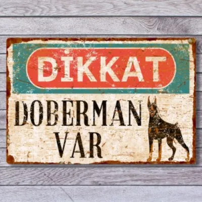 Dikkat Köpek Var Uyarı Levhası - Vintage Dikkat Doberman Var Metal Uyarı Levhası - 20cm X 30cm