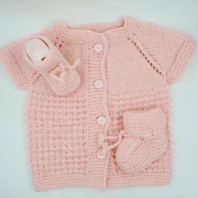 Cimcik Pembe El Örgüsü Bebek Yelek-Patik Takım