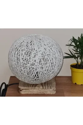 Tekay Aydınlatma Beyaz Jüt El Yapımı Ip Örme Küre Abajur, Ahşap Altlık, E 14 Duy