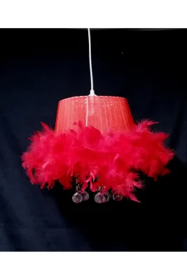 Tekay Aydınlatma Kız Çocuk Odası Bebek Odası Kırmızı Tüylü Fiyonklu Peluş Avize Abajur Seti