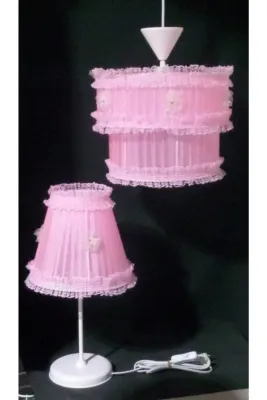 Tekay Aydınlatma Pembe Fırfırlı Kız Çocuk Odası Yatak Odası Avize Abajur Seti