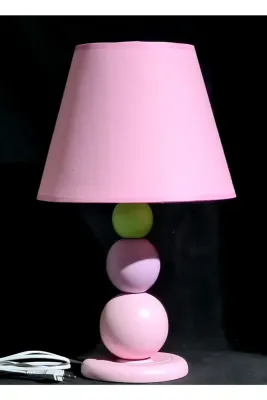 Tekay Aydınlatma Ahşap Ayaklı Pembe Kumaş Başlıklı Kız Çocuk Odası Abajur Yatak Odası Başlık Çap 25 Cm