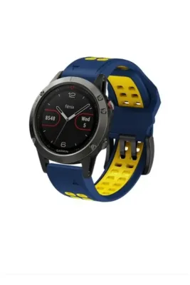 MarkaCase Garmin Tactix Charlie Için Quick Fit Özellikli (26MM) Çift Sıralı Silikon Saat Kordonu - Mavi/Sarı