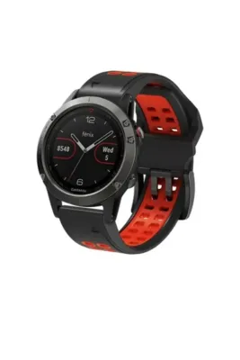 MarkaCase Garmin Tactix Charlie Için Quick Fit Özellikli (26MM) Çift Sıralı Silikon Saat Kordonu - Siyah Kırmızı