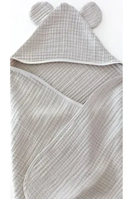 O&G Collection Gri %100 Pamuklu , Organik 4 Katlı Multi Müslin Bebek / Çocuk , Bornoz / Havlu Banyo / Havuz / Deniz