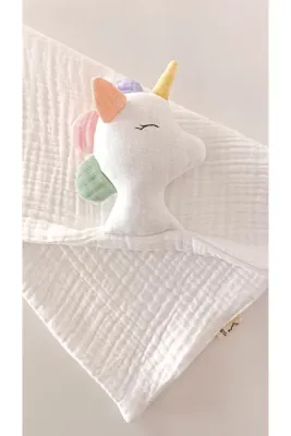 O&G Collection Sevimli Unicorn %100 Pamuklu Organik 8 Katlı Müslin Uyku Arkadaşı/ Bebek Hediyelik / Oyuncak