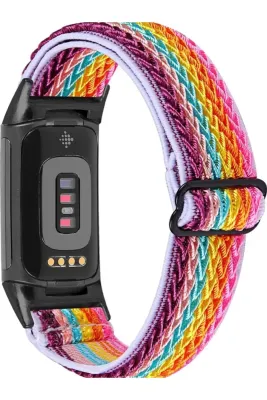 MarkaCase Fitbit Charge 5 Elastik  Örgü Watch Kordon - Gökkuşağı
