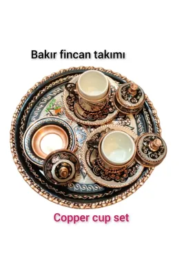 SAFİR ÇAY KAZANLARI Nakışğah Bakır Kahve Fincan Takımı Bakır Kahvelik 2 kişilik bakır kahve fincan takımı Siyah Nakışğah