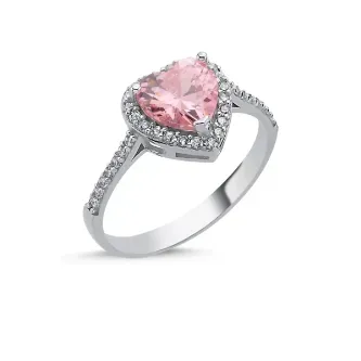 ZEY GÜMÜŞ Pembe Kalp & Zirkon Taşlı Tektaş Yüzük 925 Ayar GÜMÜŞ