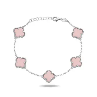 ZEY GÜMÜŞ UNISEX ÇOKLU YONCA  PEMBE SERAMİK TAŞLI 925 AYAR BİLEKLİK