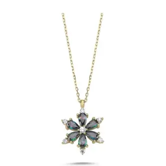 ZEY GÜMÜŞ Lotus Çiçeği Mistik Topaz Zirkon Taşlı Kolye 925 Ayar Gümüş
