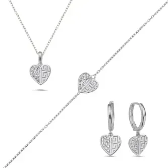ZEY GÜMÜŞ Kalp Zirkon Taşlı Set Kolye, Bileklik, Küpe 925 Ayar Gümüş