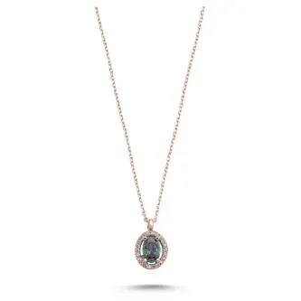ZEY GÜMÜŞ Oval Mistik Topaz Zirkon Taşlı Halo Tektaş Kolye 925 Ayar Gümüş