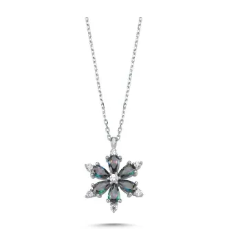ZEY GÜMÜŞ Lotus Çiçeği Mistik Topaz Zirkon Taşlı Kolye 925 Ayar Gümüş