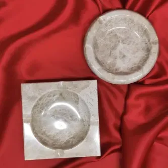 Pergamon 2'li Set Bej Mermer Kare Ve Yuvarlak Küllük Kül Tablası