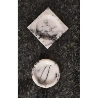 Pergamon 2'li Set Kare Ve Yuvarlak Küllük Kül Tablası Gerçek Mermer