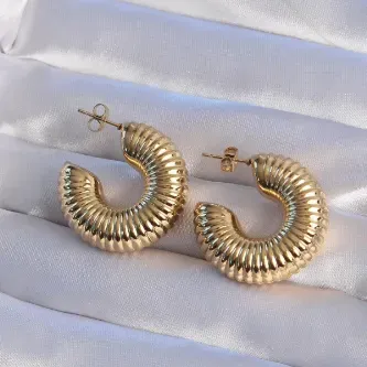 BUTİK AYVİTRİN 316L Çelik Gold Renk Bombeli Çizgi Plaka Halka Küpe