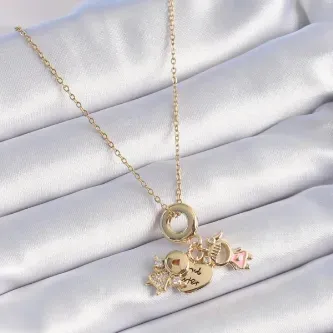 BUTİK AYVİTRİN 316L Çelik Gold Renk Zirkon Taş Detay Çocuk Figür Charm Model Kadın Kolye