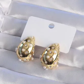 BUTİK AYVİTRİN 316L Çelik Gold Renk Zirkon Taşlı İncili Su Damlası Küpe